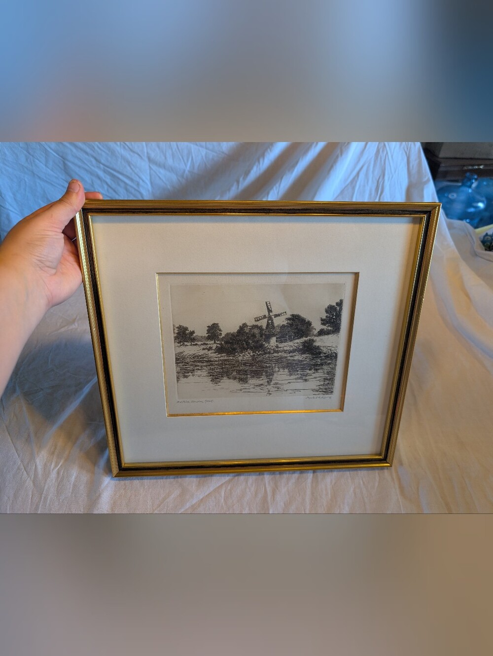 2/80$ Vintage Gold-Framed Windmill Etching with White Mat